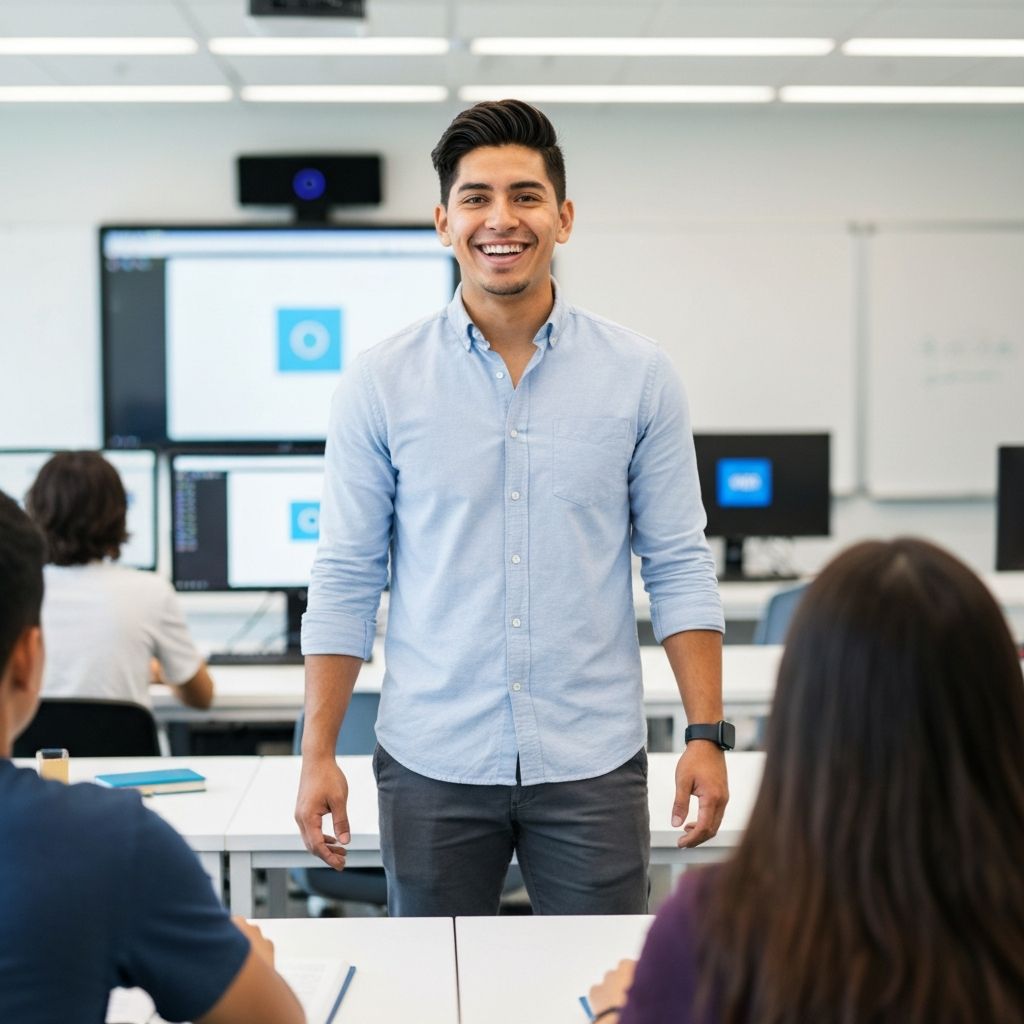 Instructor de tecnología latino inspirador enseñando IA